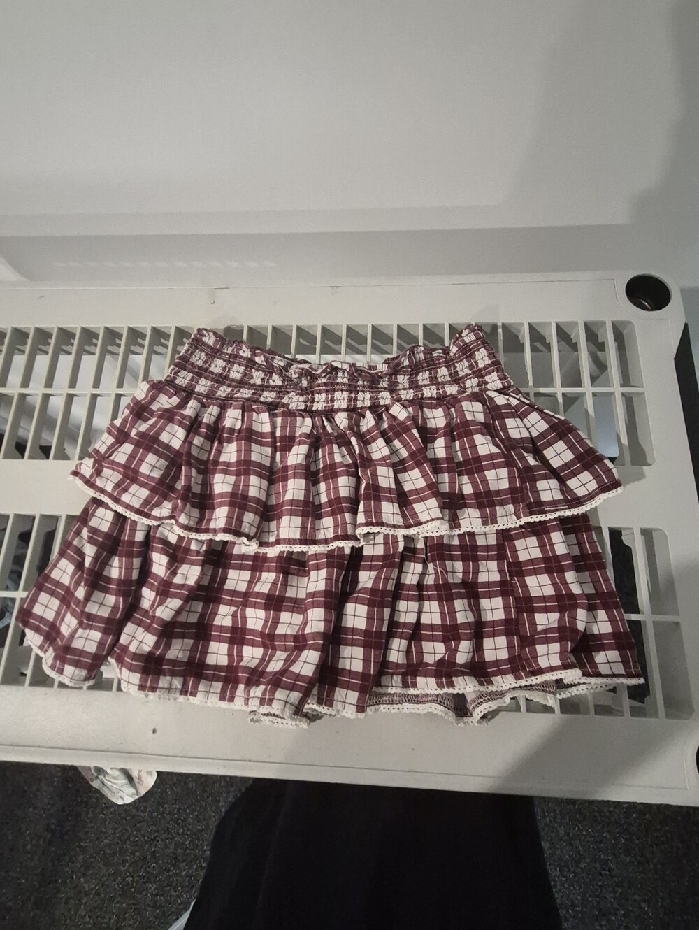 Plaid Ruffle Mini Skirt in Burgundy and White